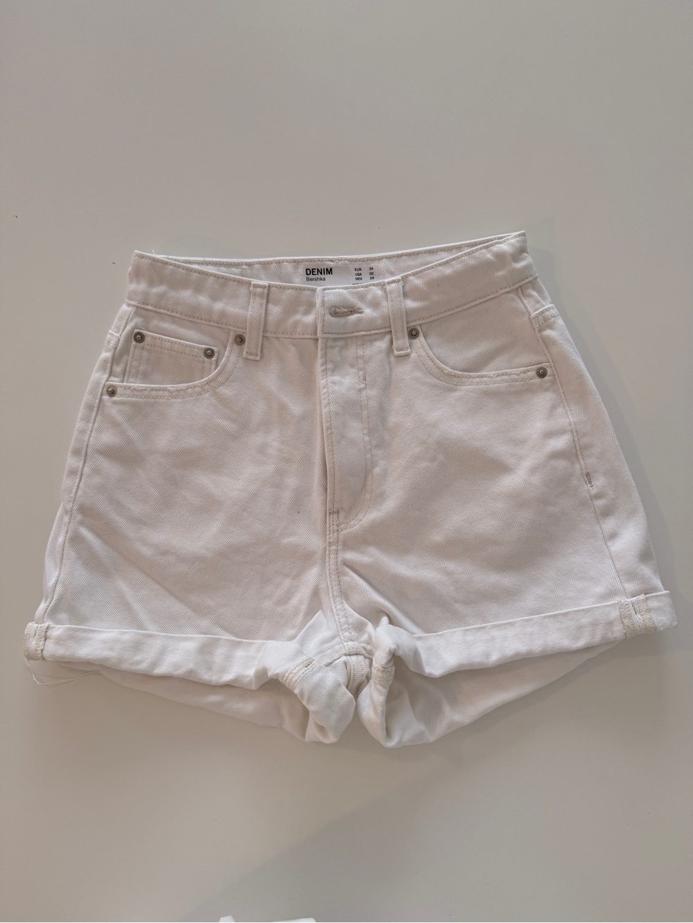 Bershka White High-Waist Denim Shorts